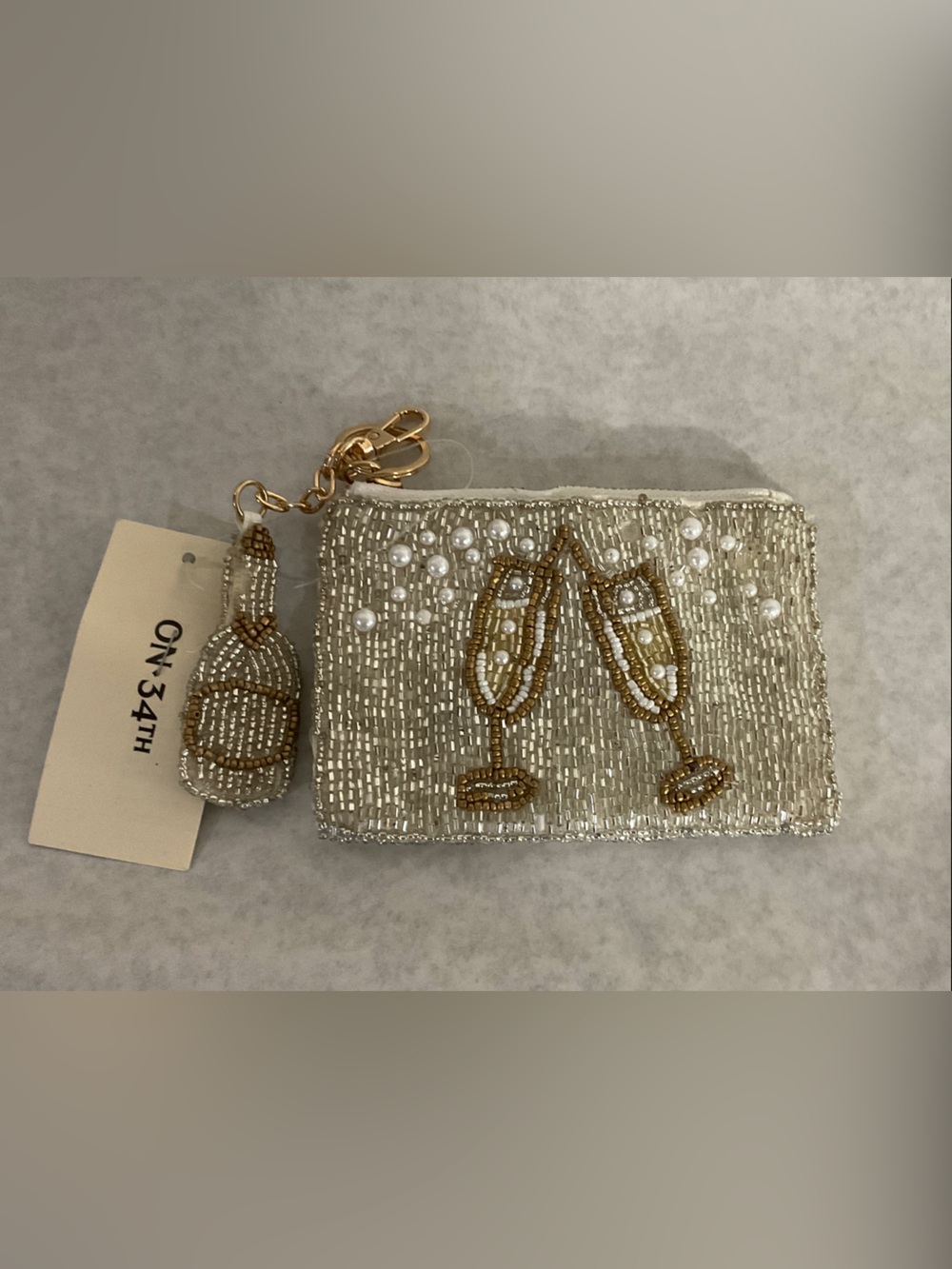 ON:34TH Ivory Beaded Champagne Glass Wristlet Clutch